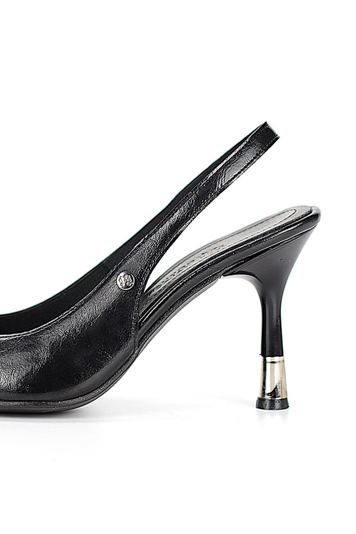 Fiore Ayakkabı Biana  Esnek Yumuşak Kaymaz Taban (8 cm) Siyah Rugan Açık Lastikli Kadın Topuklu Ayakkabı