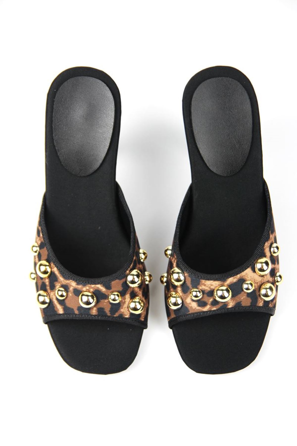 Fiore Ayakkabı Havanna Kadın Gümüş Trok Taş Detaylı Leopar Desenli Orta Topuklu (8 cm) Topuklu Terlik