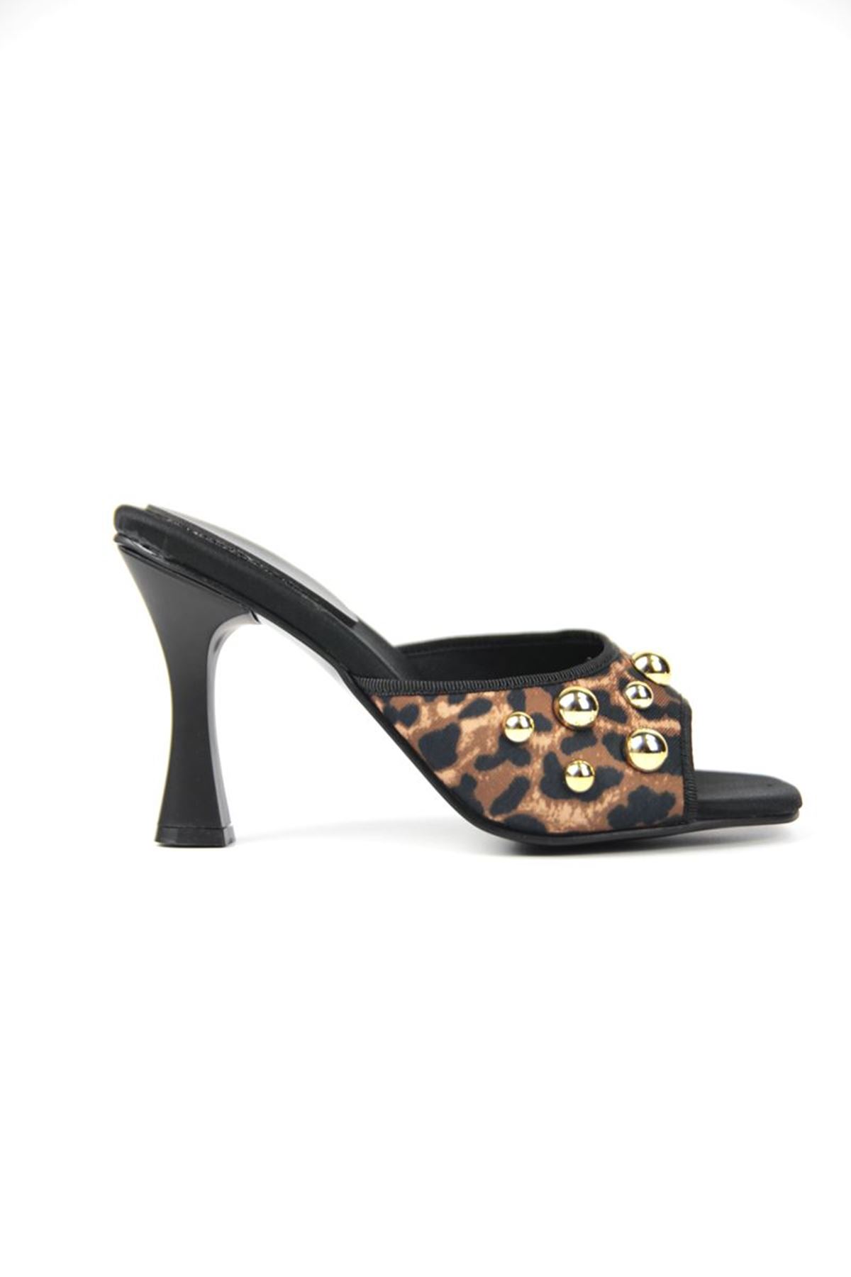 Fiore Ayakkabı Havanna Kadın Gümüş Trok Taş Detaylı Leopar Desenli Orta Topuklu (8 cm) Topuklu Terlik