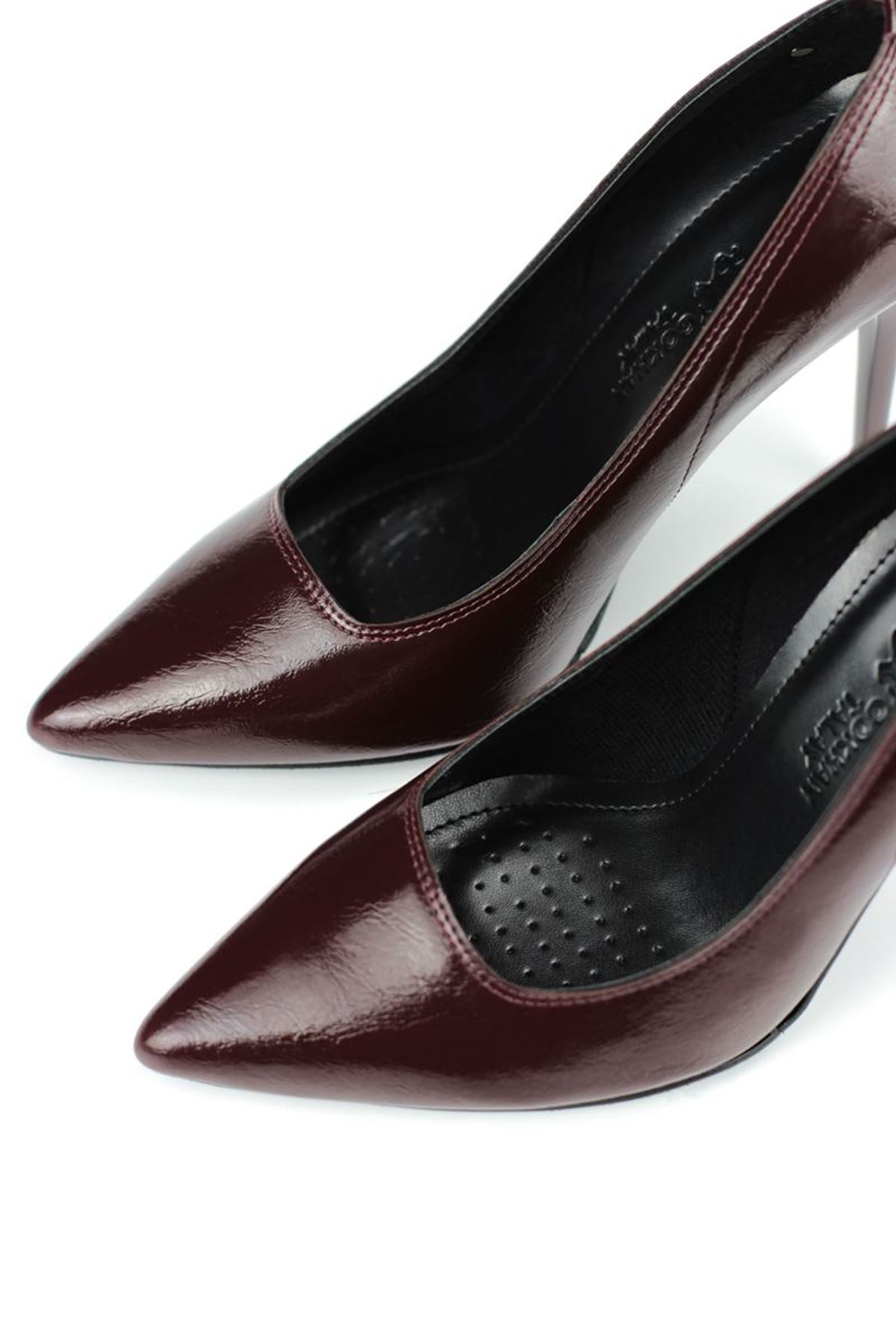 Fiore Ayakkabı Arabella Esnek Yumuşak Kaymaz Taban (11 cm) Bordo Rugan Kadın Topuklu Ayakkabı