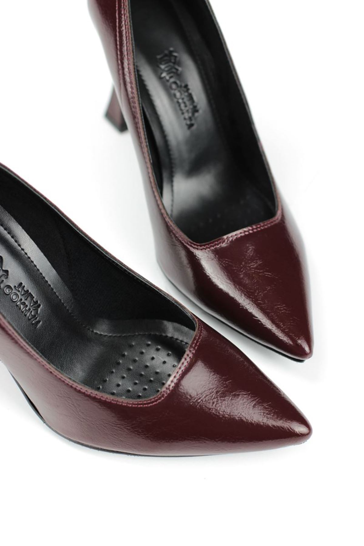 Fiore Ayakkabı Odette Esnek Yumuşak Kaymaz Taban (10 cm) Bordo Rugan Kadın Topuklu Ayakkabı