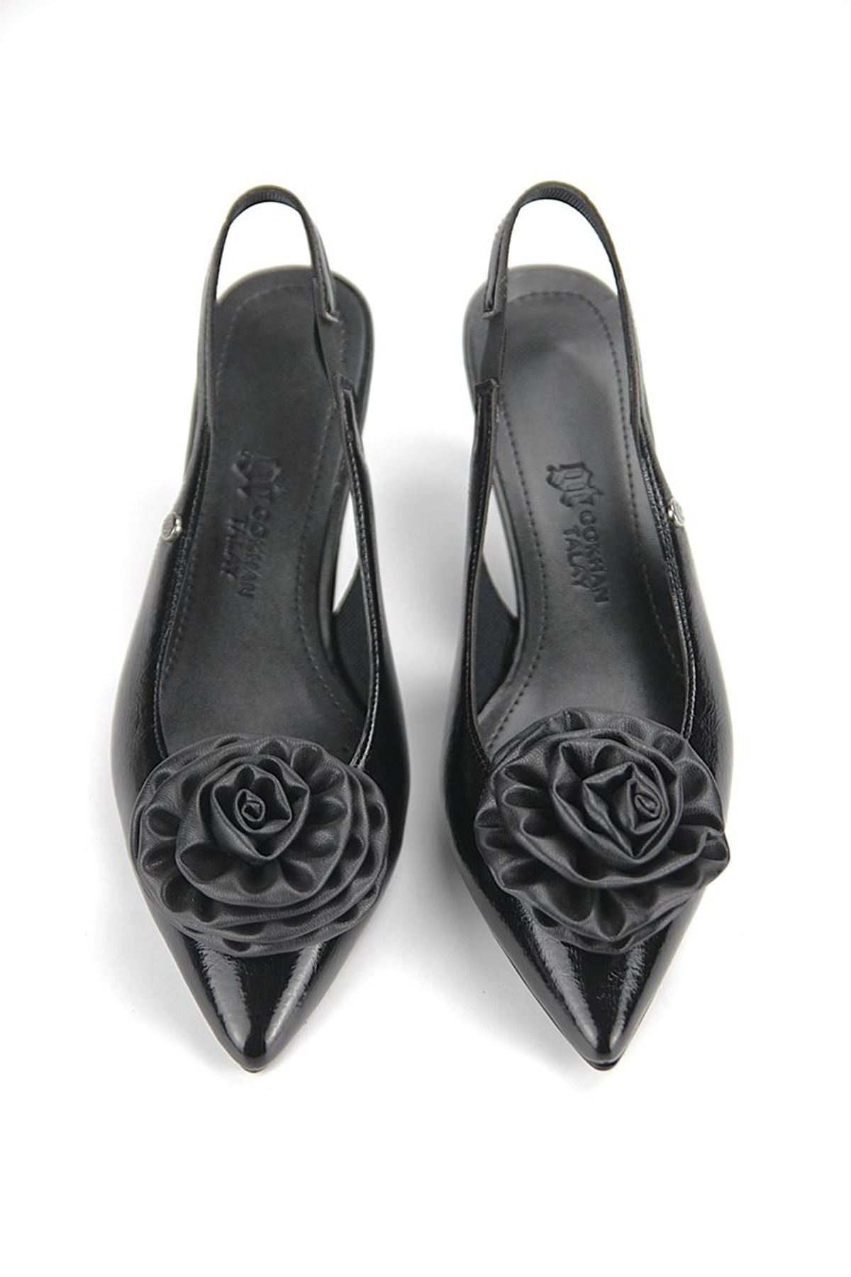Fiore Ayakkabı Rose Fairy Esnek Yumuşak Kaymaz Taban (4 cm) Siyah Rugan El Yapımı Gül Detaylı Açık Lastikli Kadın Topuklu Ayakkabı