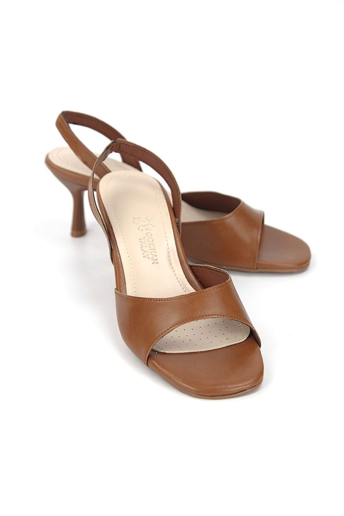 Fiore Ayakkabı Elira Esnek Yumuşak Kaymaz Taban (4 cm) Karamel Cilt Kadın Topuklu Ayakkabı
