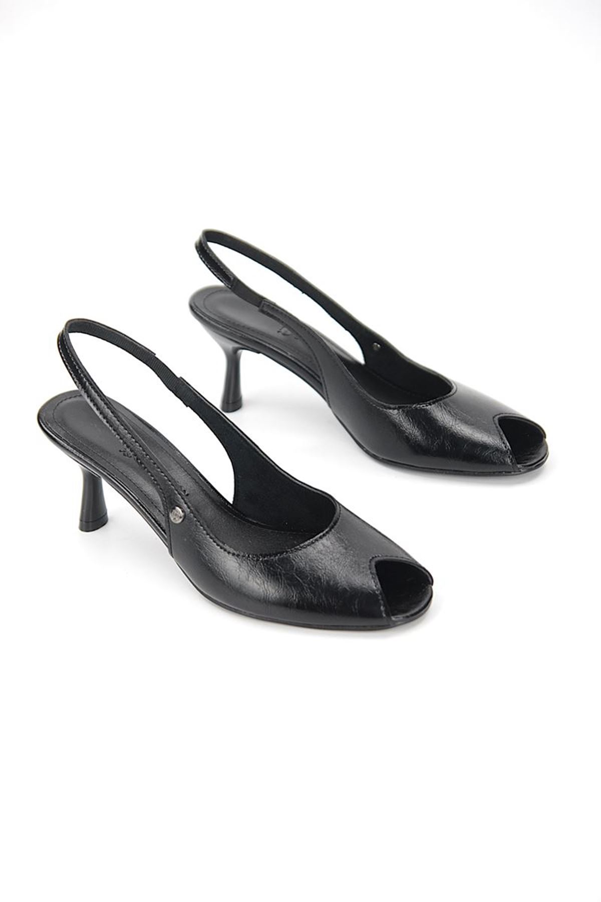 Gökhan Talay Calvera Peep Toe Fındık Burun (4/6 cm) Siyah Rugan Kadın Topuklu Ayakkabı