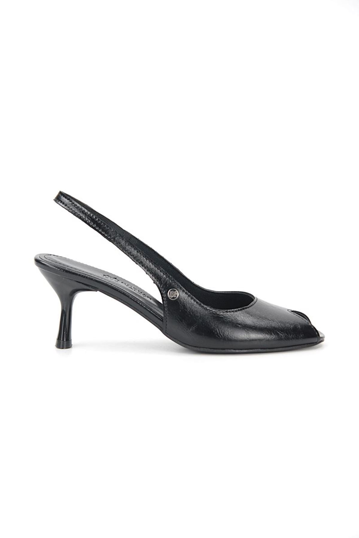 Gökhan Talay Calvera Peep Toe Fındık Burun (4/6 cm) Siyah Rugan Kadın Topuklu Ayakkabı