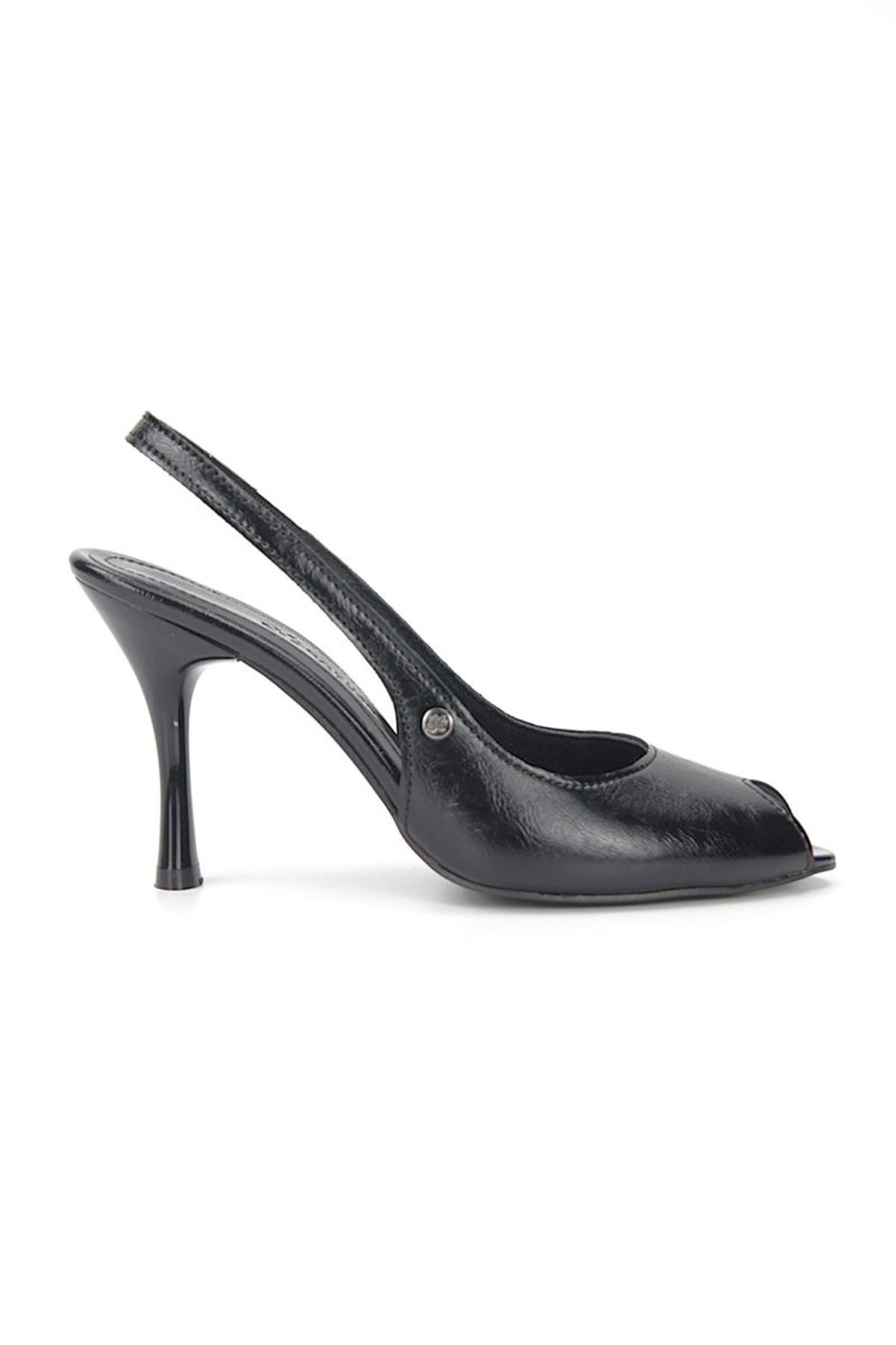 Fiore Ayakkabı Nivra Peep Toe Fındık Burun (8 cm) Siyah Rugan Kadın Topuklu Ayakkabı