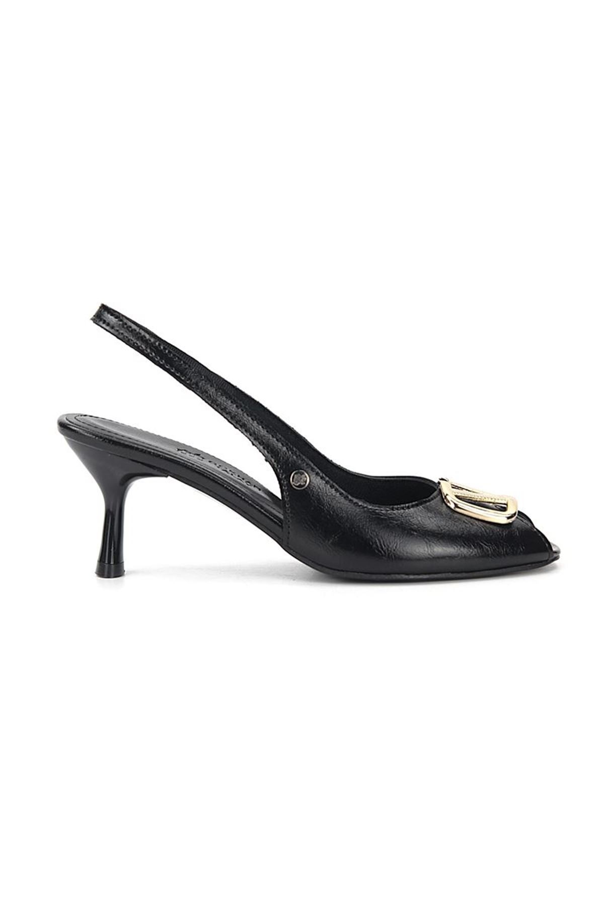 Gökhan Talay Ravisa Peep Toe Fındık Burun (4/6 cm) Altın V Toka Siyah Rugan Kadın Topuklu Ayakkabı