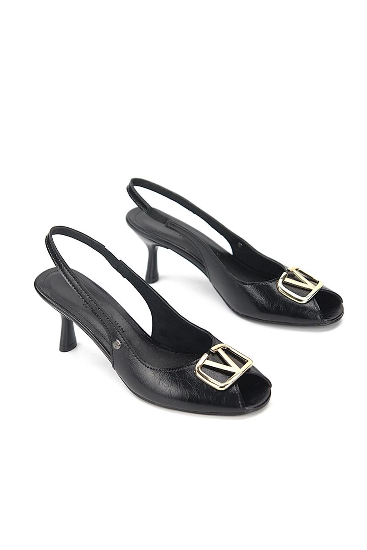 Fiore Ayakkabı Ravisa Peep Toe Fındık Burun (4/6 cm) Altın V Toka Siyah Rugan Kadın Topuklu Ayakkabı