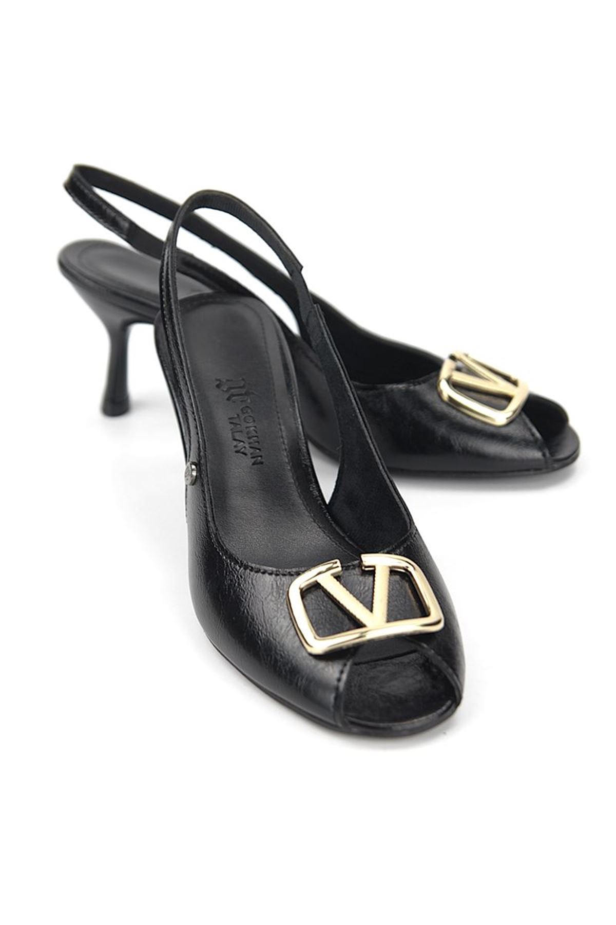 Fiore Ayakkabı Ravisa Peep Toe Fındık Burun (4/6 cm) Altın V Toka Siyah Rugan Kadın Topuklu Ayakkabı