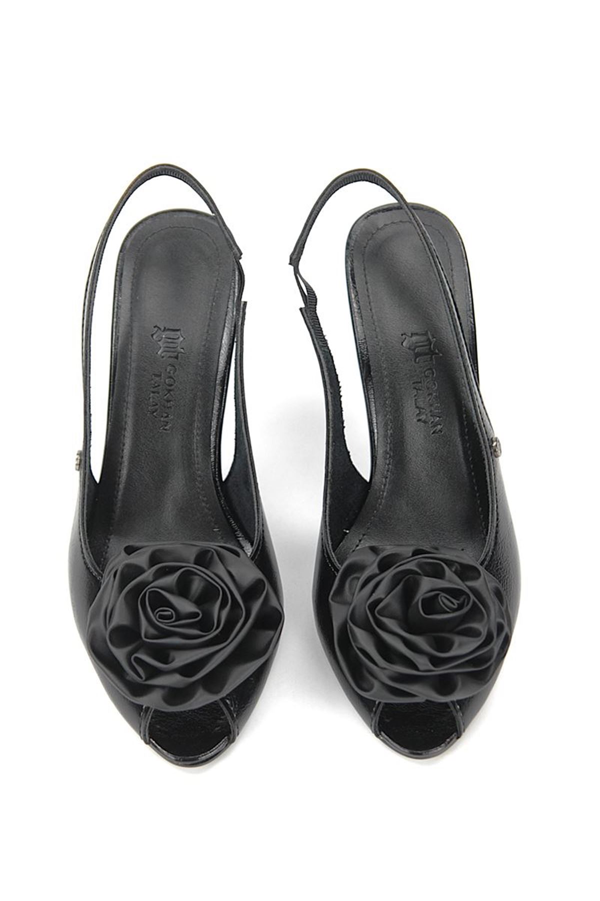 Fiore Ayakkabı Merisse Peep Toe Fındık Burun (8 cm) El Yapımı Gül Detaylı Siyah Rugan Kadın Topuklu Ayakkabı