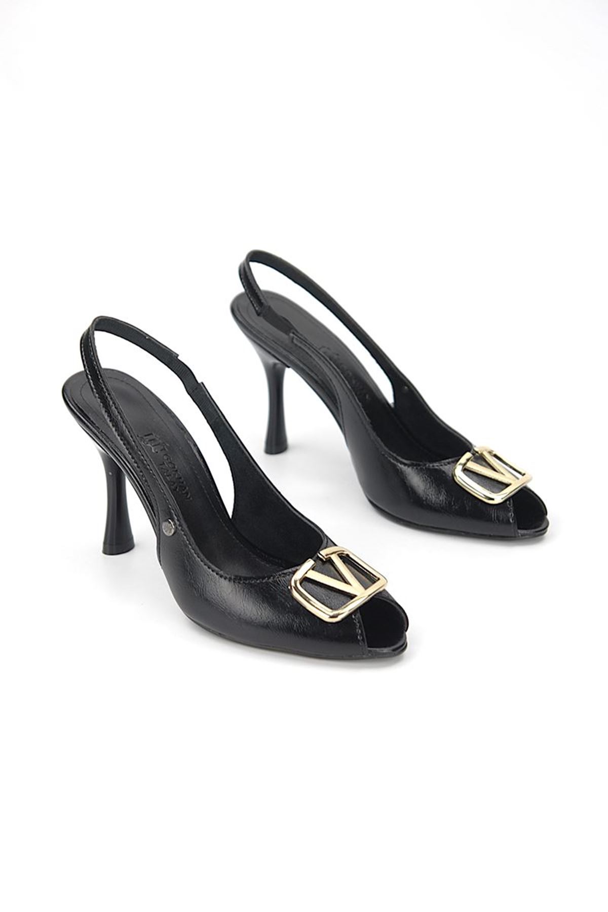 Fiore Ayakkabı Valeria Peep Toe Fındık Burun (8 cm) Altın V Toka Siyah Rugan Kadın Topuklu Ayakkabı