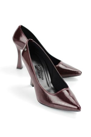 Fiore Ayakkabı Odette Esnek Yumuşak Kaymaz Taban (10 cm) Bordo Rugan Kadın Topuklu Ayakkabı