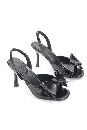 Fiore Ayakkabı Sirel Esnek Yumuşak Kaymaz Taban (8 cm) Siyah Rugan Fiyonk Detaylı Kadın Topuklu Ayakkabı