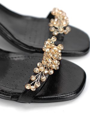 Fiore Ayakkabı Pearl Esnek Yumuşak Kaymaz Taban (4 cm) Siyah Rugan El Yapımı Altın Boncuk Detaylı Kadın Topuklu Ayakkabı