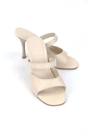 Fiore Ayakkabı Elanor Esnek Yumuşak Kaymaz Taban (8 cm) Bej Cilt Tek Bant Topuklu Terlik
