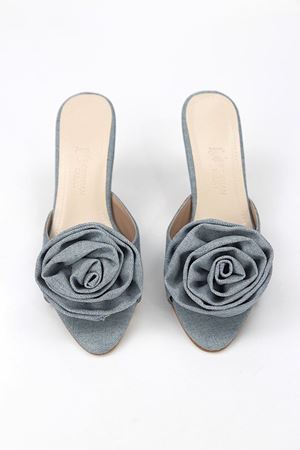 Fiore Ayakkabı Velisse Esnek Yumuşak Kaymaz Taban (4-6 cm) Açık Kot El Yapımı Gül Detaylı Kadın Topuklu Terlik