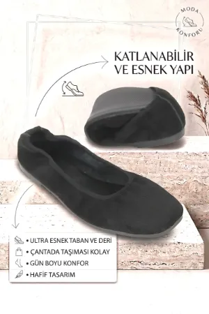 Uliana Kadın Köşeli Burun Esnek Taban Katlanabilir Siyah Süet Babet Ayakkabı