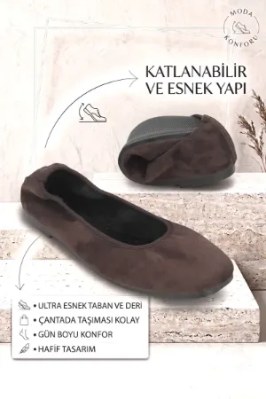 Uliana Kadın Köşeli Burun Esnek Taban Katlanabilir Kahverengi Süet Babet Ayakkabı