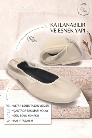 Uliana Kadın Köşeli Burun Esnek Taban Katlanabilir Bej Babet Ayakkabı