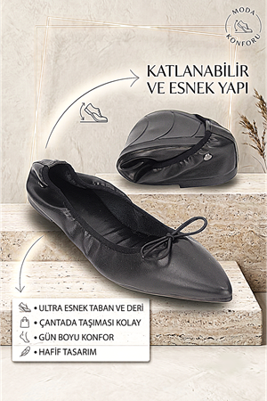 Velina Kadın Sivri Burun Bıyık Fiyonklu Esnek Kaymaz Taban Katlanabilir Siyah Babet Ayakkabı