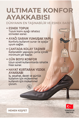 Saphine Esnek Yumuşak Kaymaz Taban Katlanabilir (4/6 cm) Siyah Cİlt Sivri Burun Kadın Ayakkabı