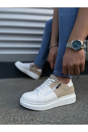 JY155 Warrior Bağcıklı ve Fermuarlı Cilt Süet Erkek Günlük Sneaker Ayakkabı CSBT - Beyaz/Krem