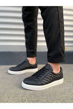 JY166 Prestige Bağcıklı Cilt Kapitone Desenli Erkek Günlük Sneaker Ayakkabı CBT - Siyah