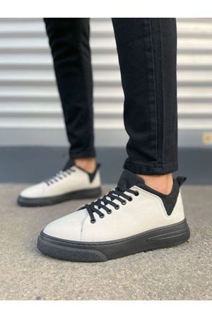 JY204 Flex Bağcıklı Keten Kumaş Erkek Günlük Sneaker Ayakkabı KST - Beyaz/Siyah