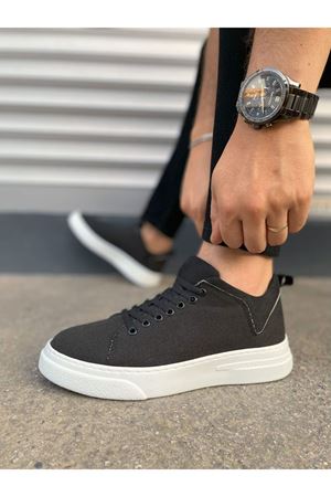 JY204 Flex Bağcıklı Keten Kumaş Erkek Günlük Sneaker Ayakkabı KBT - Siyah