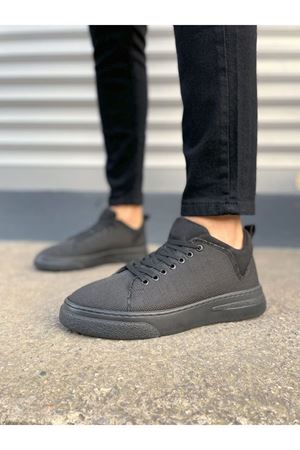 JY204 Flex Bağcıklı Keten Kumaş Erkek Günlük Sneaker Ayakkabı KST - Siyah