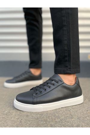 JY122 Mode Bağcıklı Cilt Erkek Günlük Sneaker Ayakkabı CBT - Siyah