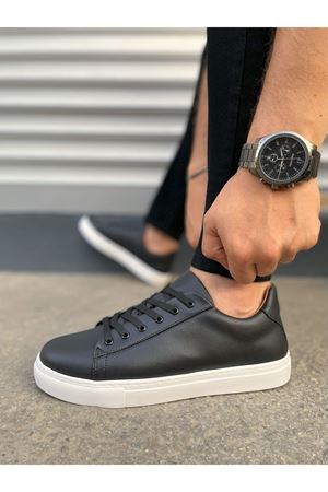 JY122 Mode Bağcıklı Cilt Erkek Günlük Sneaker Ayakkabı CBT - Siyah