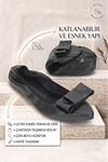 Fiore Ayakkabı Dagny Katlanabilir Esnek Yumuşak Kaymaz Taban Siyah Cİlt Köşe Fiyonk Detaylı Sivri Burun Kadın Babet Ayakkabı
