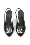 Valeria Peep Toe Fındık Burun (8 cm) Altın V Toka Siyah Rugan Kadın Topuklu Ayakkabı