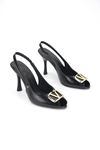Valeria Peep Toe Fındık Burun (8 cm) Altın V Toka Siyah Rugan Kadın Topuklu Ayakkabı