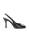 Valeria Peep Toe Fındık Burun (8 cm) Altın V Toka Siyah Rugan Kadın Topuklu Ayakkabı