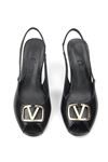 Ravisa Peep Toe Fındık Burun (4/6 cm) Altın V Toka Siyah Rugan Kadın Topuklu Ayakkabı