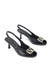 Ravisa Peep Toe Fındık Burun (4/6 cm) Altın V Toka Siyah Rugan Kadın Topuklu Ayakkabı