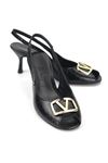 Ravisa Peep Toe Fındık Burun (4/6 cm) Altın V Toka Siyah Rugan Kadın Topuklu Ayakkabı