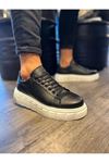 JY144 Volt Bağcıklı Cilt Erkek Günlük Sneaker Yüksek Taban Ayakkabı CBT Siyah
